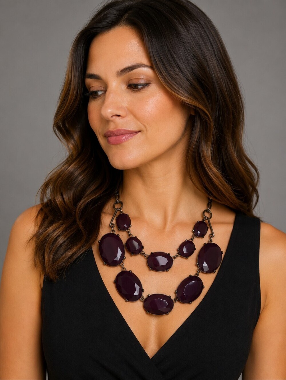 VTG Gunmetal Dark Purple Faceted Oval Layered Bib Necklace
